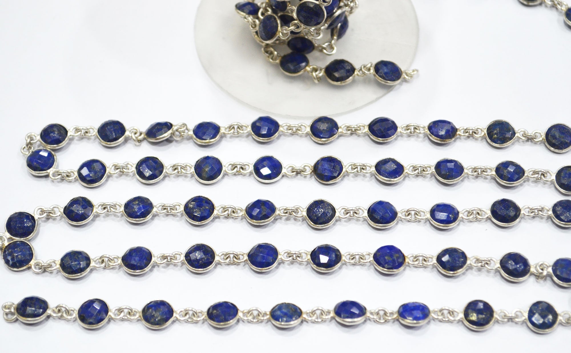 Lapis Lazuli Faceted Coin Shape Connector Chain , 8 mm , RB-6593