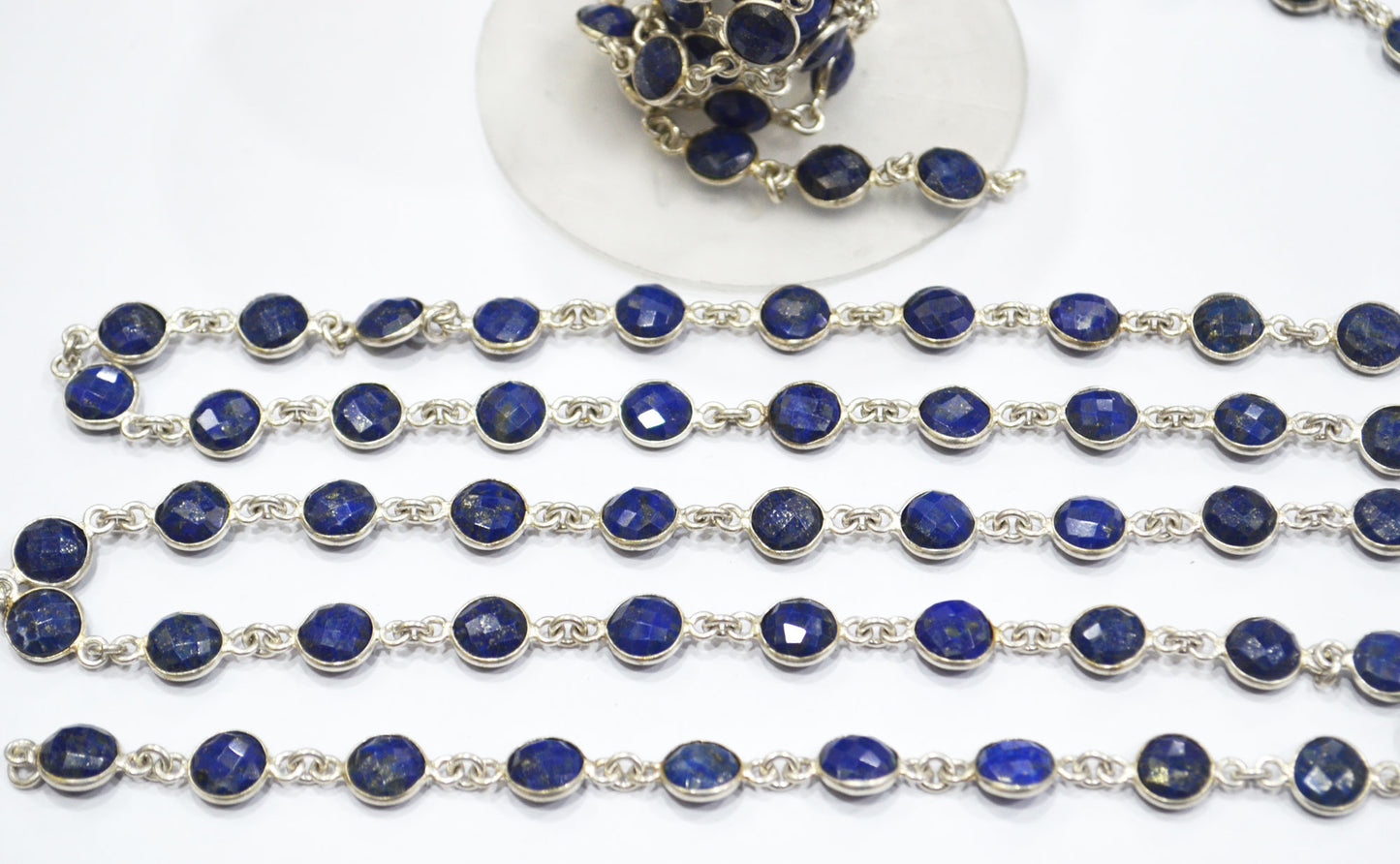 Lapis Lazuli Faceted Coin Shape Connector Chain , 8 mm , RB-6593