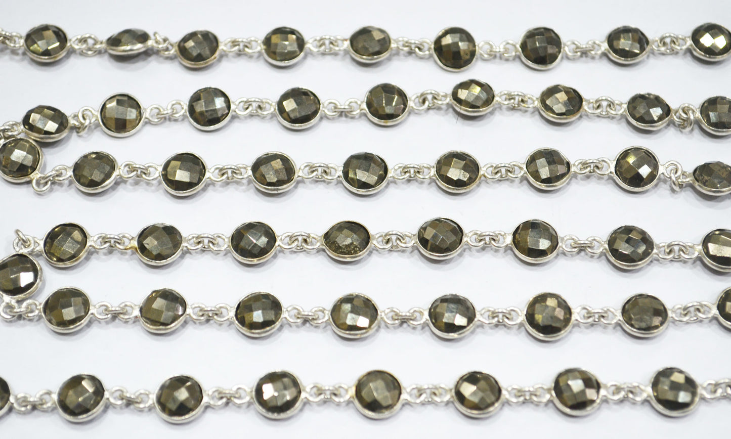 Pyrite Faceted Coin Shape Connector Chain , 8 mm , RB-6594