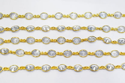 White Cubic Zirconia Diamond Cut Oval Shape Connector Chain , White Cubic Zirconia CZ Tiff Bezel Link Chain , 8.50x11 mm , RB-6655