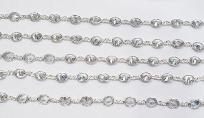 White Cubic Zirconia Diamond Cut Oval Shape Connector Chain , White Cubic Zirconia CZ Tiff Bezel Link Chain , 8.50x11 mm , RB-6655