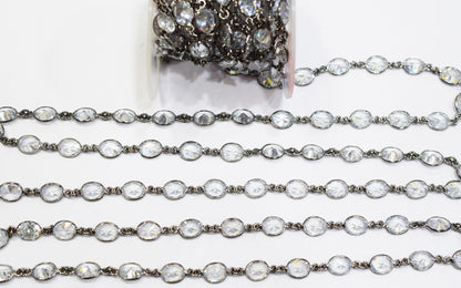 White Cubic Zirconia Diamond Cut Oval Shape Connector Chain , White Cubic Zirconia CZ Tiff Bezel Link Chain , 8.50x11 mm , RB-6655
