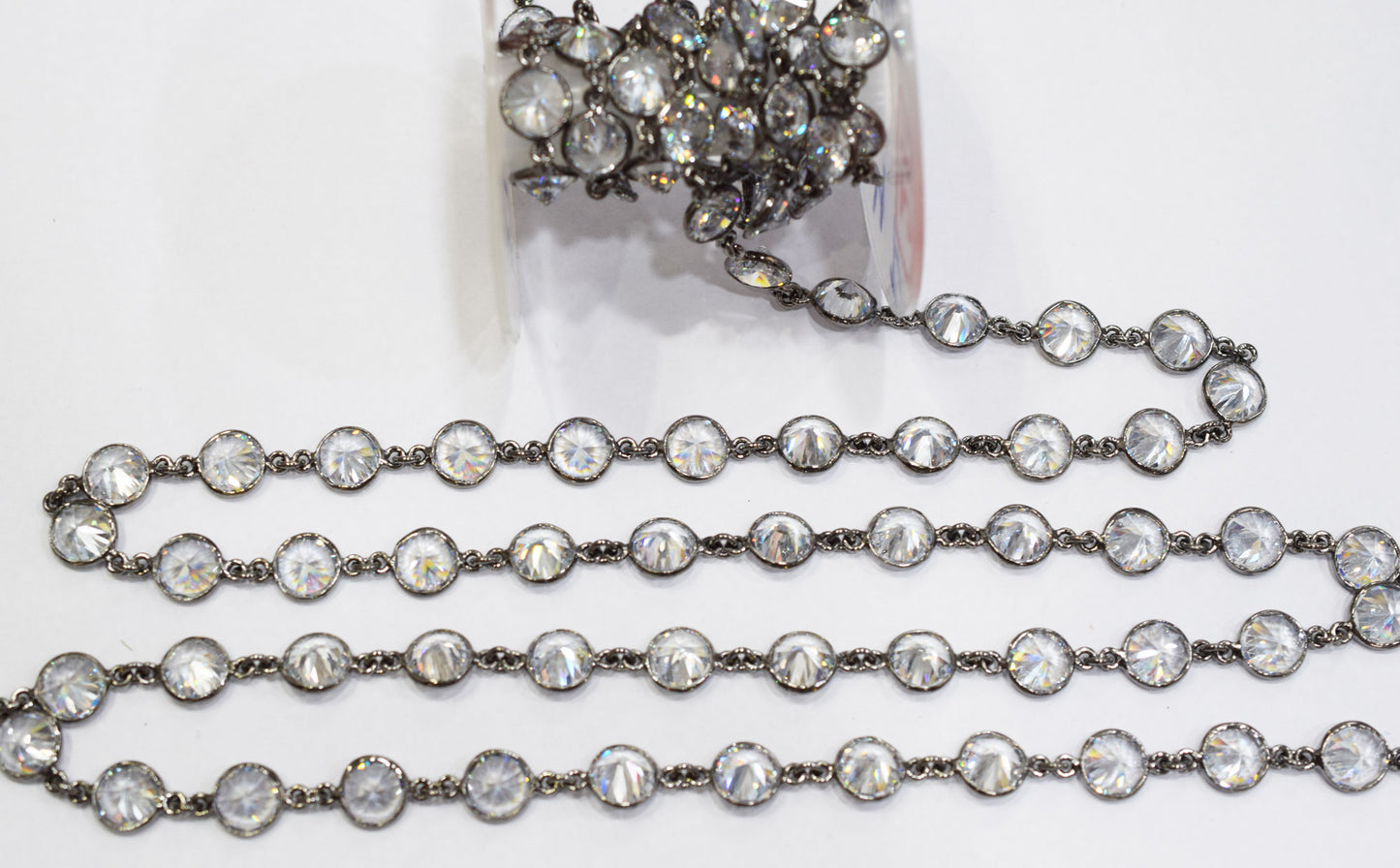 White Cubic Zirconia Diamond Cut Coin Shape Connector Chain , White Cubic Zirconia CZ Tiff Bezel Link Chain , 10.50 mm , RB-6656