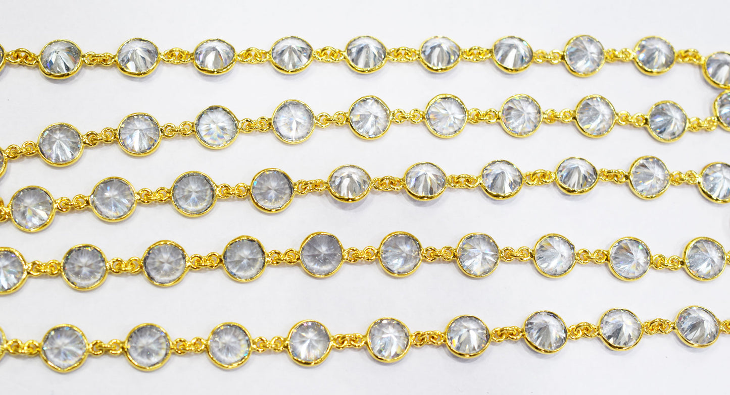 White Cubic Zirconia Diamond Cut Coin Shape Connector Chain , White Cubic Zirconia CZ Tiff Bezel Link Chain , 10.50 mm , RB-6656