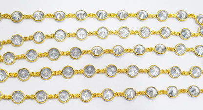 White Cubic Zirconia Diamond Cut Coin Shape Connector Chain , White Cubic Zirconia CZ Tiff Bezel Link Chain , 10.50 mm , RB-6656