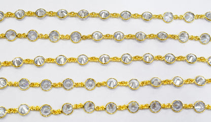 White Cubic Zirconia Diamond Cut Coin Shape Connector Chain , White Cubic Zirconia CZ Tiff Bezel Link Chain , 8.50 mm , RB-6657