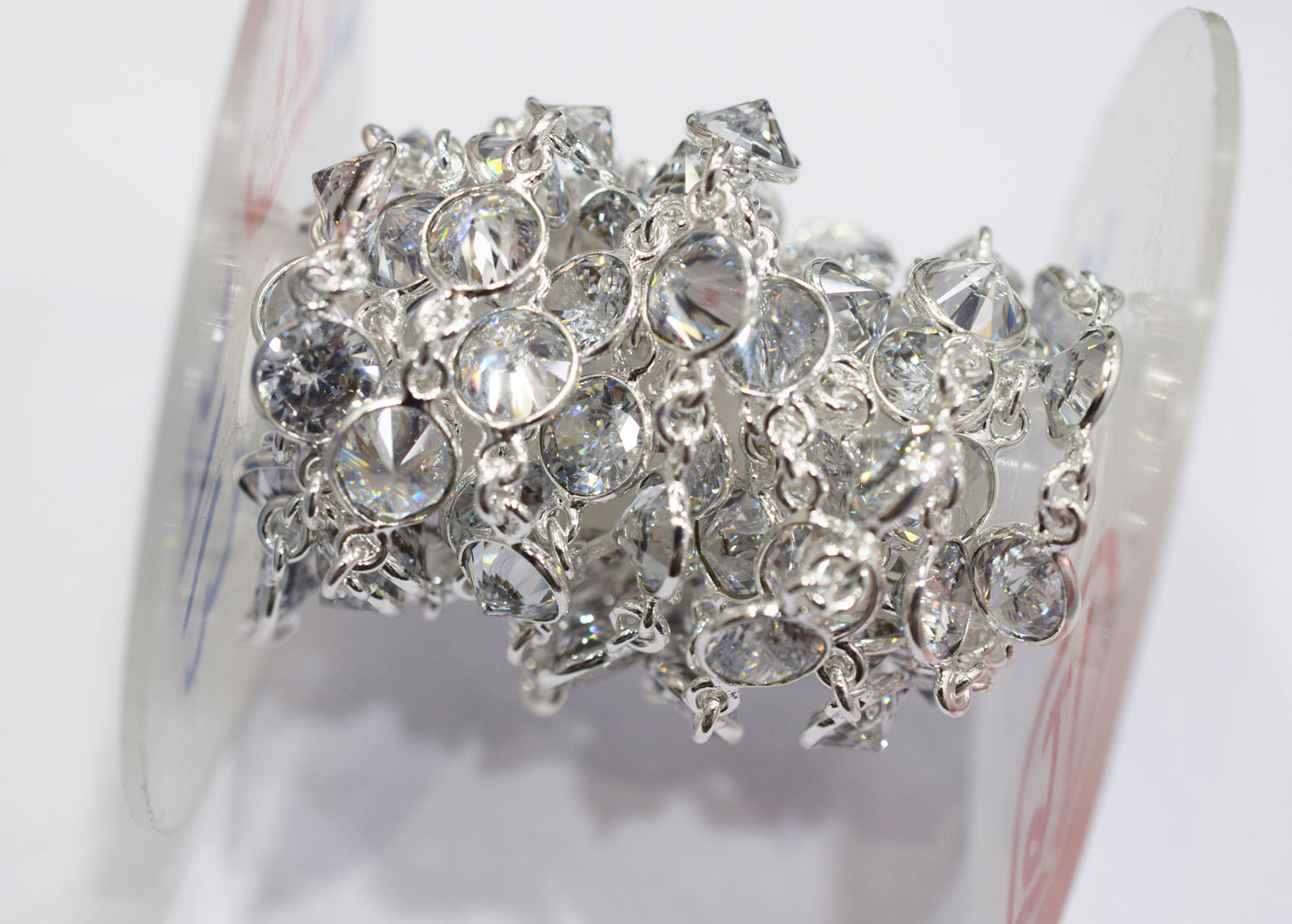 White Cubic Zirconia Diamond Cut Coin Shape Connector Chain , White Cubic Zirconia CZ Tiff Bezel Link Chain , 8.50 mm , RB-6657