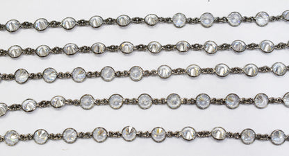 White Cubic Zirconia Diamond Cut Coin Shape Connector Chain , White Cubic Zirconia CZ Tiff Bezel Link Chain , 8.50 mm , RB-6657