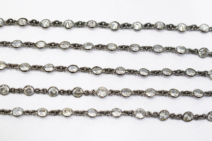 White Cubic Zirconia Diamond Cut Coin Shape Connector Chain , White Cubic Zirconia CZ Tiff Bezel Link Chain , 6.50 mm , RB-6658