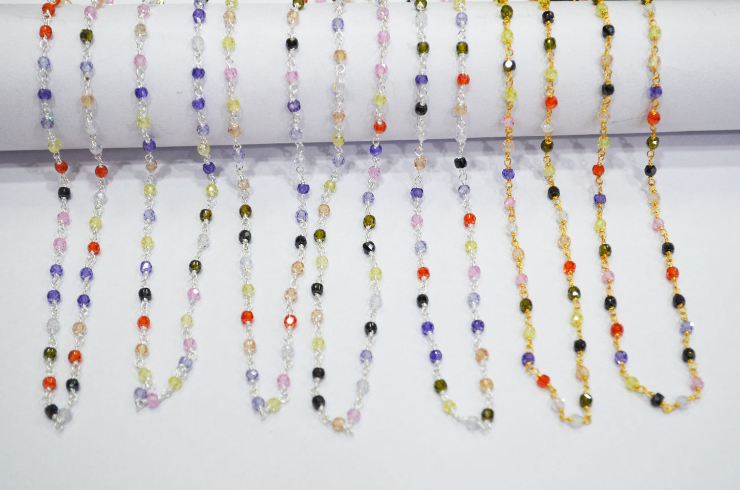 Multi Cubic Zircon Faceted Rondelle Shape Rosary Beaded Chain , Sold By Foot , 3 mm , RB-6659