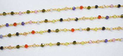 Multi Cubic Zircon Faceted Rondelle Shape Rosary Beaded Chain , Sold By Foot , 3 mm , RB-6659