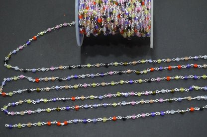 Multi Cubic Zircon Faceted Rondelle Shape Rosary Beaded Chain , Sold By Foot , 3 mm , RB-6659