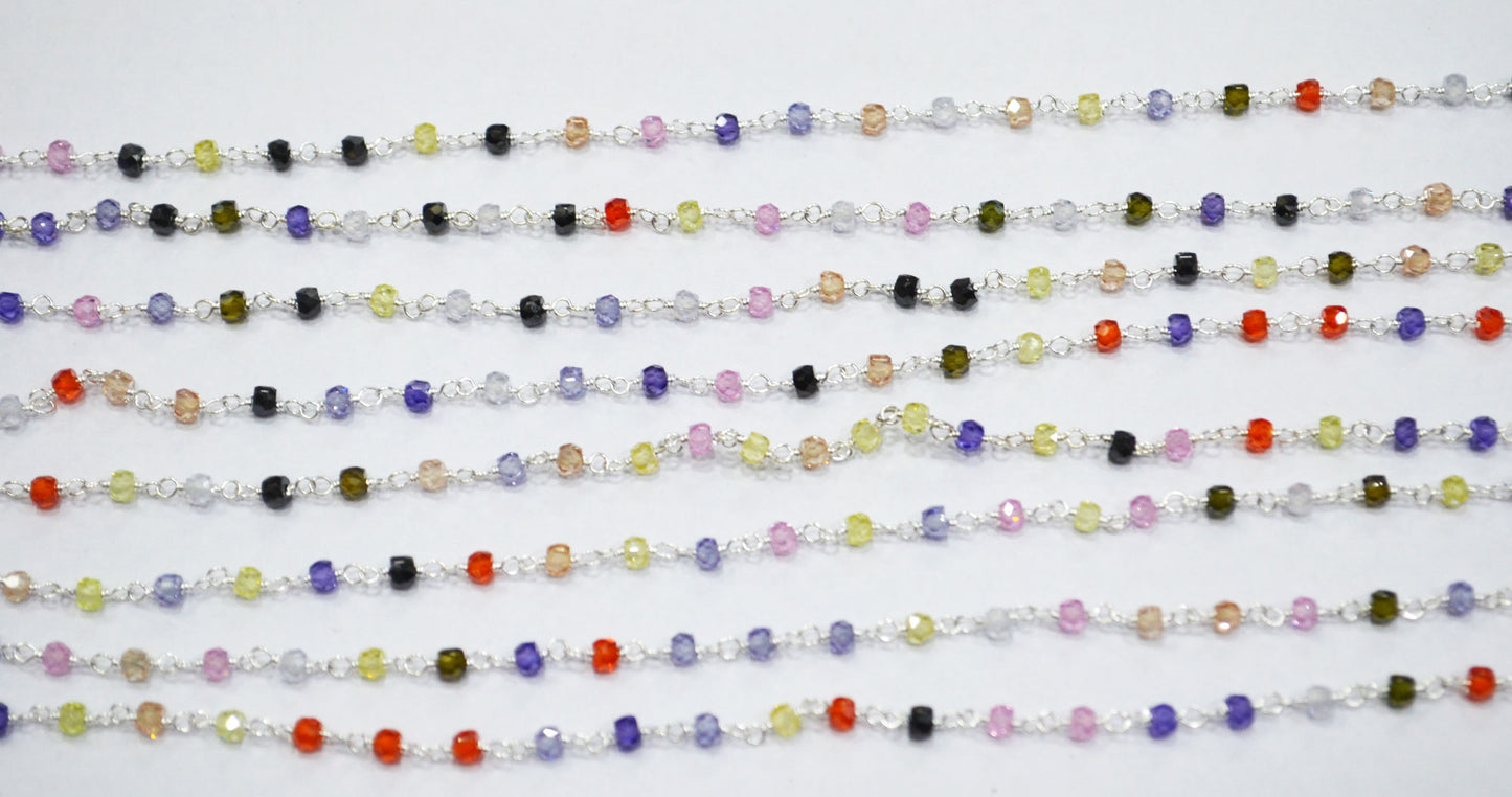 Multi Cubic Zircon Faceted Rondelle Shape Rosary Beaded Chain , Sold By Foot , 3 mm , RB-6659