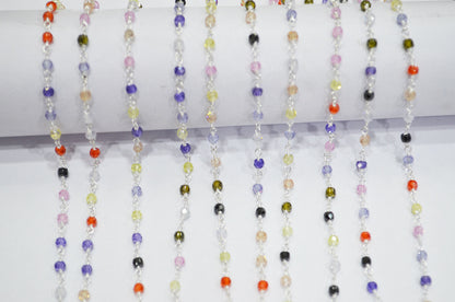 Multi Cubic Zircon Faceted Rondelle Shape Rosary Beaded Chain , Sold By Foot , 3 mm , RB-6659