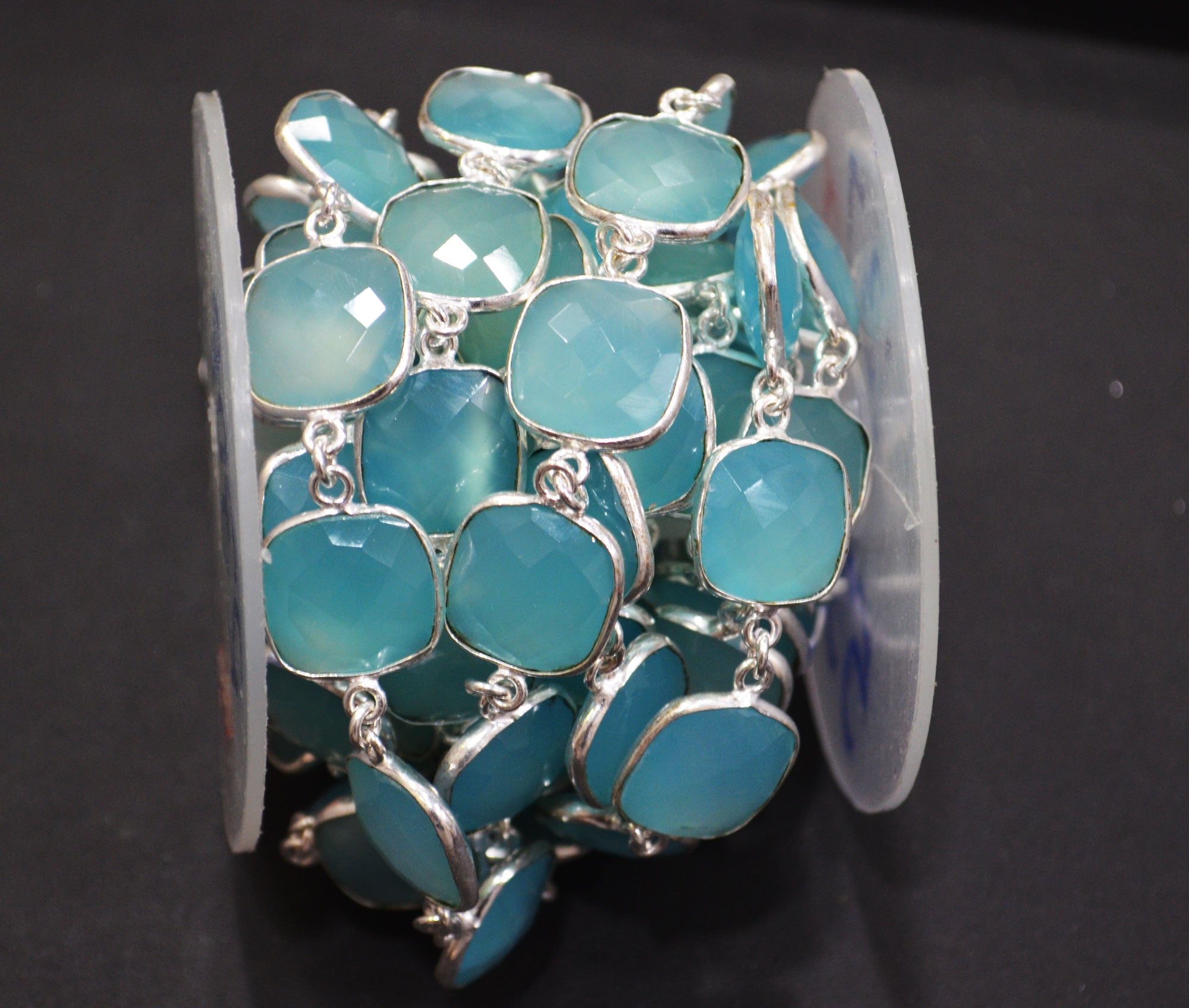 Aqua Chalcedony Faceted Cushion Shape Connector Chain , 15 mm , RB-6660