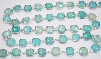 Aqua Chalcedony Faceted Cushion Shape Connector Chain , 15 mm , RB-6660