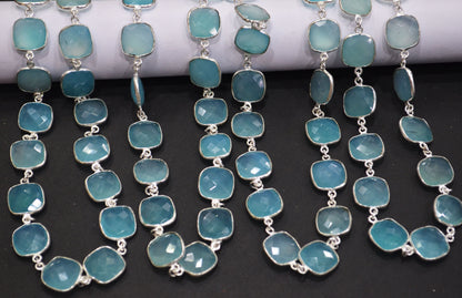 Aqua Chalcedony Faceted Cushion Shape Connector Chain , 15 mm , RB-6660