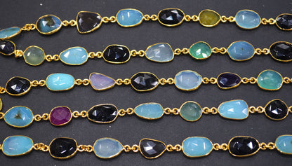 Multi Chalcedony Faceted Slice Shape Connector Chain , 11x12 - 13x15 mm , RB-6662