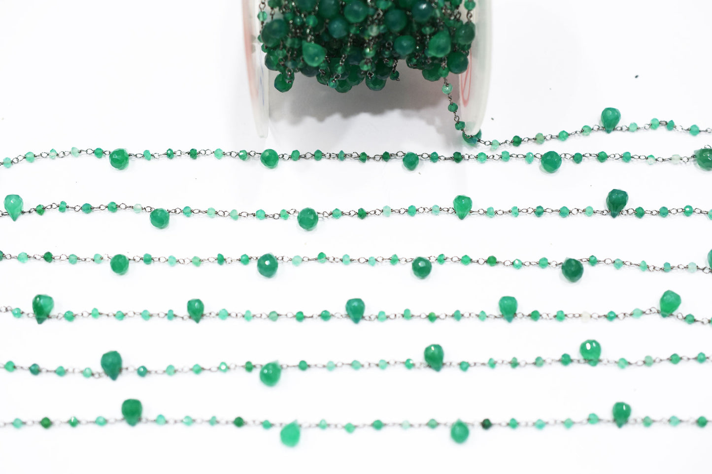 Green Onyx Faceted Rondelle Shape Rosary Beaded Chain , Sold By Foot , 3 - 7 mm , RB-6664