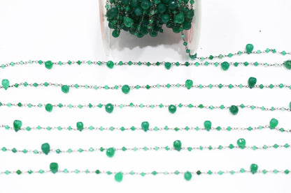 Green Onyx Faceted Rondelle Shape Rosary Beaded Chain , Sold By Foot , 3 - 7 mm , RB-6664