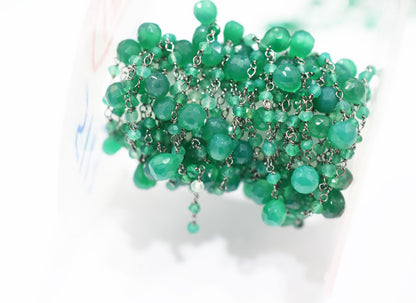 Green Onyx Faceted Rondelle Shape Rosary Beaded Chain , Sold By Foot , 3 - 7 mm , RB-6664