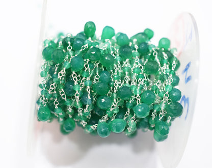 Green Onyx Faceted Rondelle Shape Rosary Beaded Chain , Sold By Foot , 3 - 7 mm , RB-6664