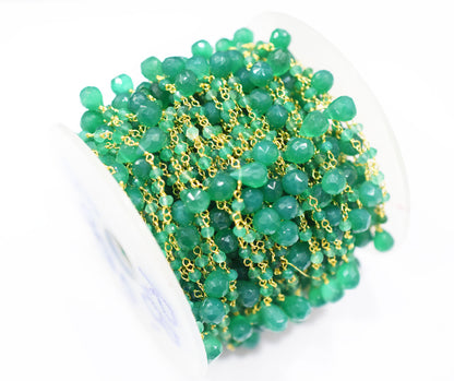 Green Onyx Faceted Rondelle Shape Rosary Beaded Chain , Sold By Foot , 3 - 7 mm , RB-6664