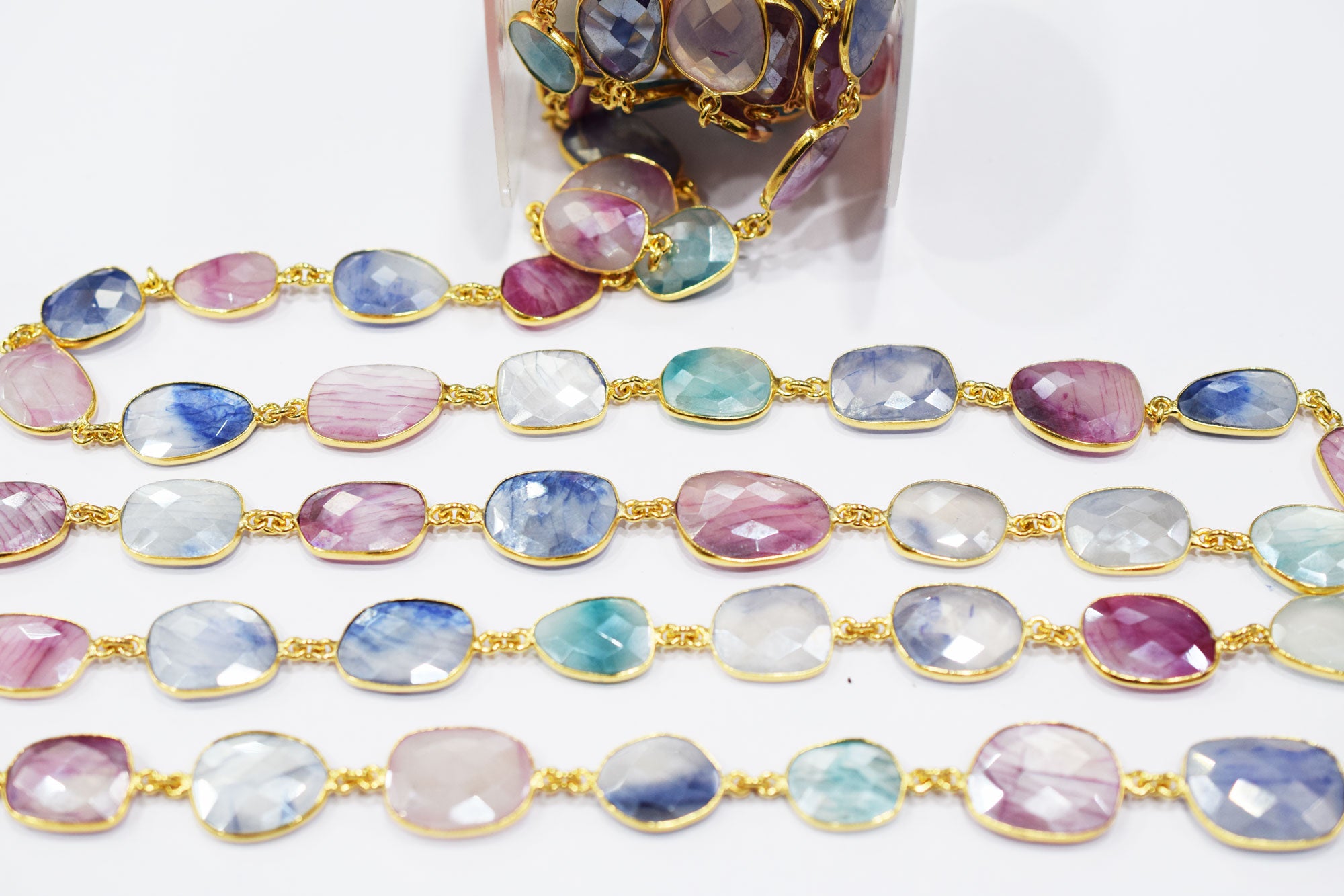 Silverstein Multi Sapphire Color Moonstone Slice Shape Connector Chain , 12x14 - 16x21 mm , RB-6667