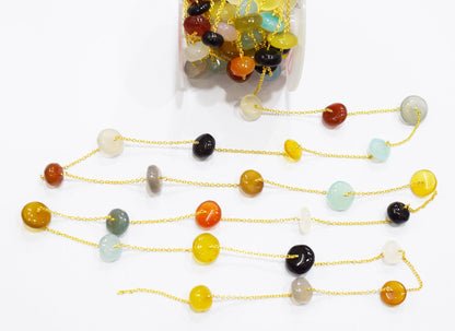 Multi Chalcedony Smooth Rondelle Shape Rosary Beaded Chain , Sold By Foot , 20 mm , RB-6670