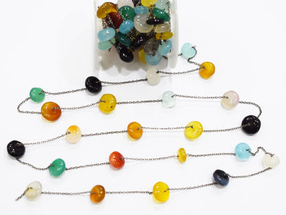 Multi Chalcedony Smooth Rondelle Shape Rosary Beaded Chain , Sold By Foot , 20 mm , RB-6670