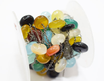 Multi Chalcedony Smooth Rondelle Shape Rosary Beaded Chain , Sold By Foot , 20 mm , RB-6670