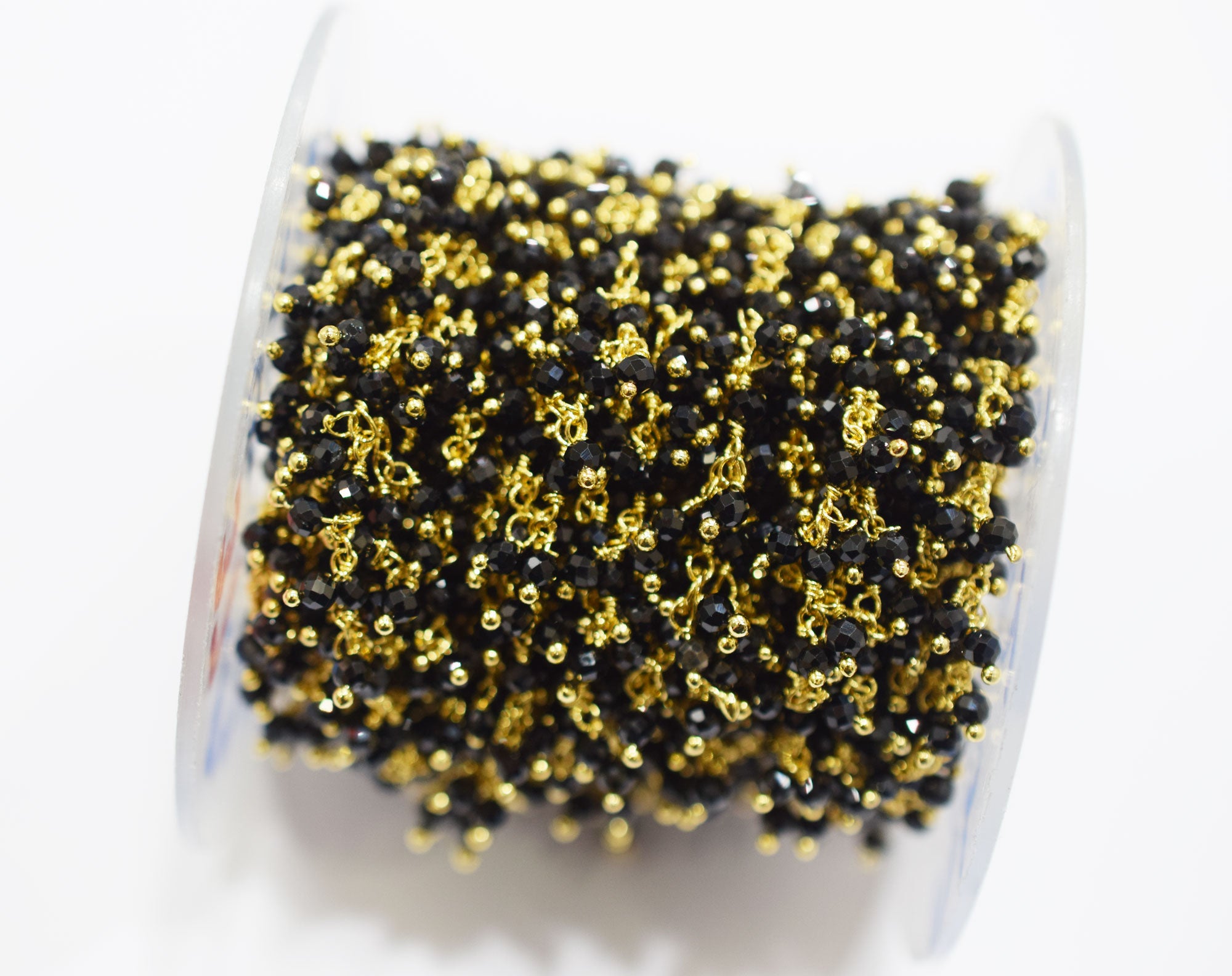 Sparkling Black Spinel Hydro Quartz Faceted Round Shape Dangling Chain , 3 mm , RB-6672