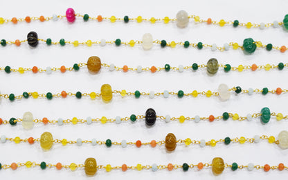 Outrageous Multi Chalcedony Carved Melon Shape Rosary Beaded Chain , Sold By Foot , 4.50 - 10 mm , RB-6678