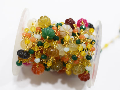 Outrageous Multi Chalcedony Carved Melon Shape Rosary Beaded Chain , Sold By Foot , 4.50 - 10 mm , RB-6678