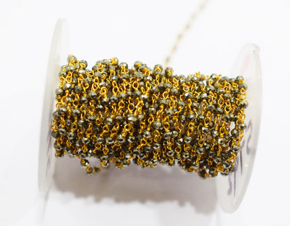 Elegant Black Pyrite Faceted Rondelle Rosary Beaded Chain , Black Pyrite Wire Wrapped Chain , 3 mm , RB-6679