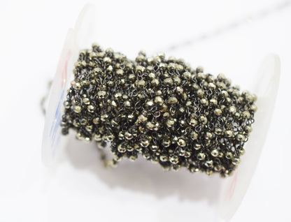 Elegant Black Pyrite Faceted Rondelle Rosary Beaded Chain , Black Pyrite Wire Wrapped Chain , 3 mm , RB-6679