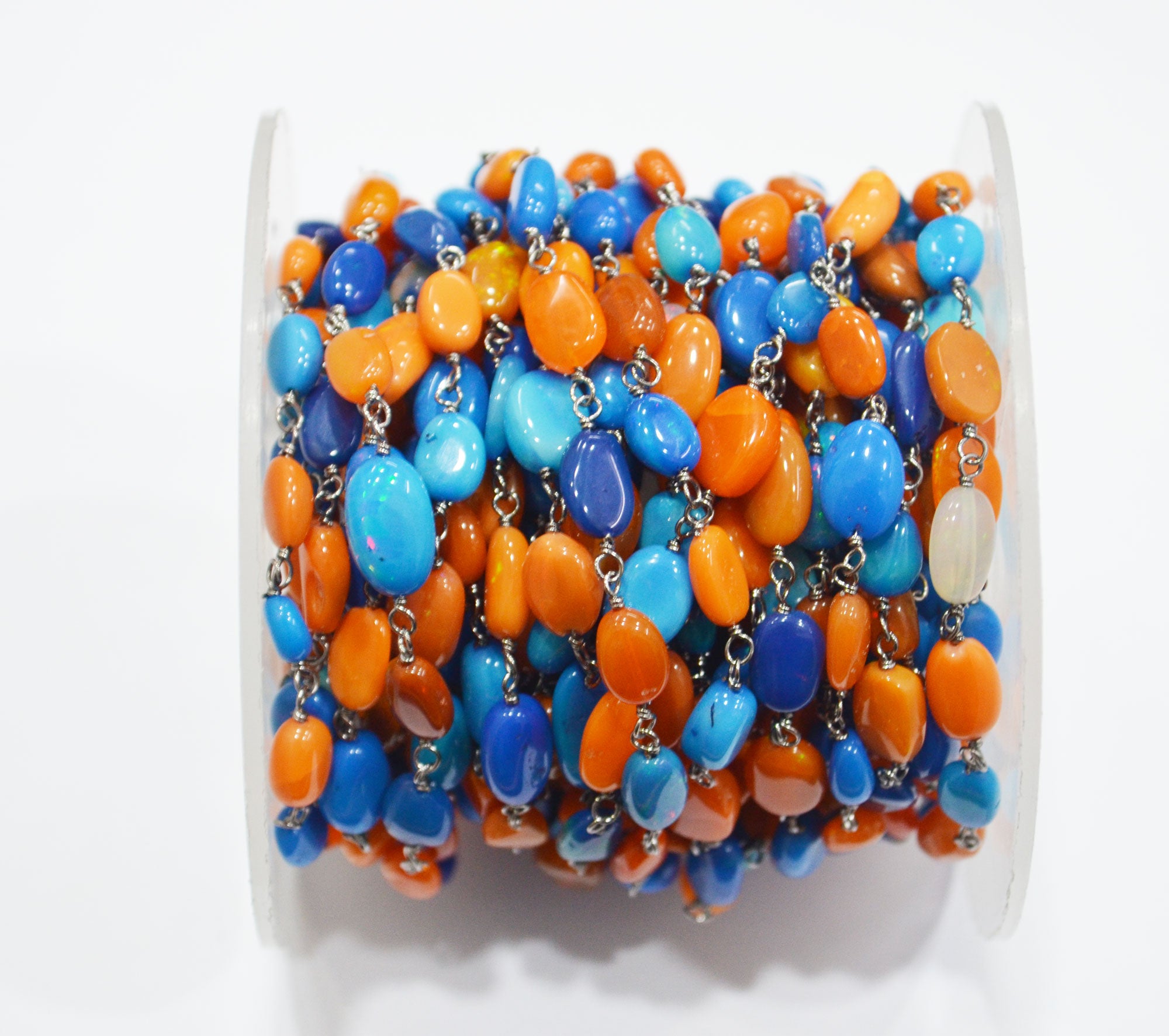 Orange And Peacock Ethiopian Opal Smooth Oval Rosary Beaded Chain , Orange And Peacock Ethiopian Opal Wire Wrapped Chain , 3x4 - 4x6 mm , 6698