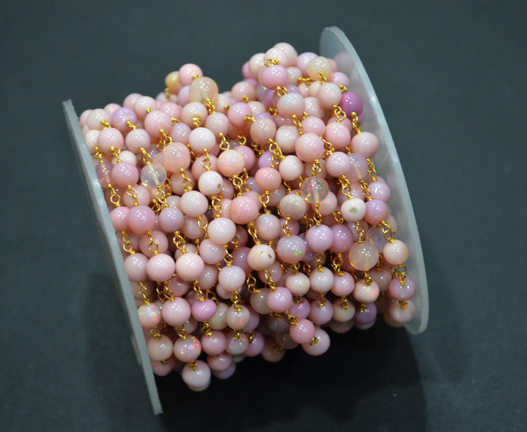 Pink Ethiopian Opal Smooth Round Shape Rosary Beaded Chain , 5 - 6 mm , 6699