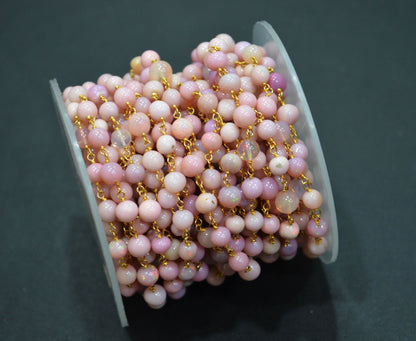 Pink Ethiopian Opal Smooth Round Shape Rosary Beaded Chain , 5 - 6 mm , 6699