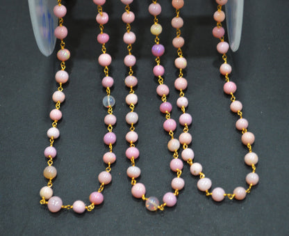 Pink Ethiopian Opal Smooth Round Shape Rosary Beaded Chain , 5 - 6 mm , 6699