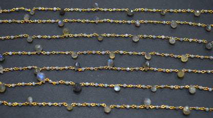 Labradorite Faceted Rondelle Rosary Beaded Chain ,Labradorite Faceted Tear Drops Shape Wire Wrapped Chain , 3x4 - 4x6 mm ,6700