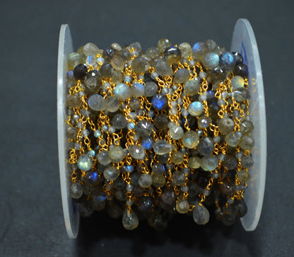 Labradorite Faceted Rondelle Rosary Beaded Chain ,Labradorite Faceted Tear Drops Shape Wire Wrapped Chain , 3x4 - 4x6 mm ,6700