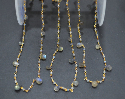 Labradorite Faceted Rondelle Rosary Beaded Chain ,Labradorite Faceted Tear Drops Shape Wire Wrapped Chain , 3x4 - 4x6 mm ,6700