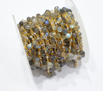 Labradorite Faceted Rondelle Rosary Beaded Chain ,Labradorite Faceted Tear Drops Shape Wire Wrapped Chain , 3x4 - 4x6 mm ,6700