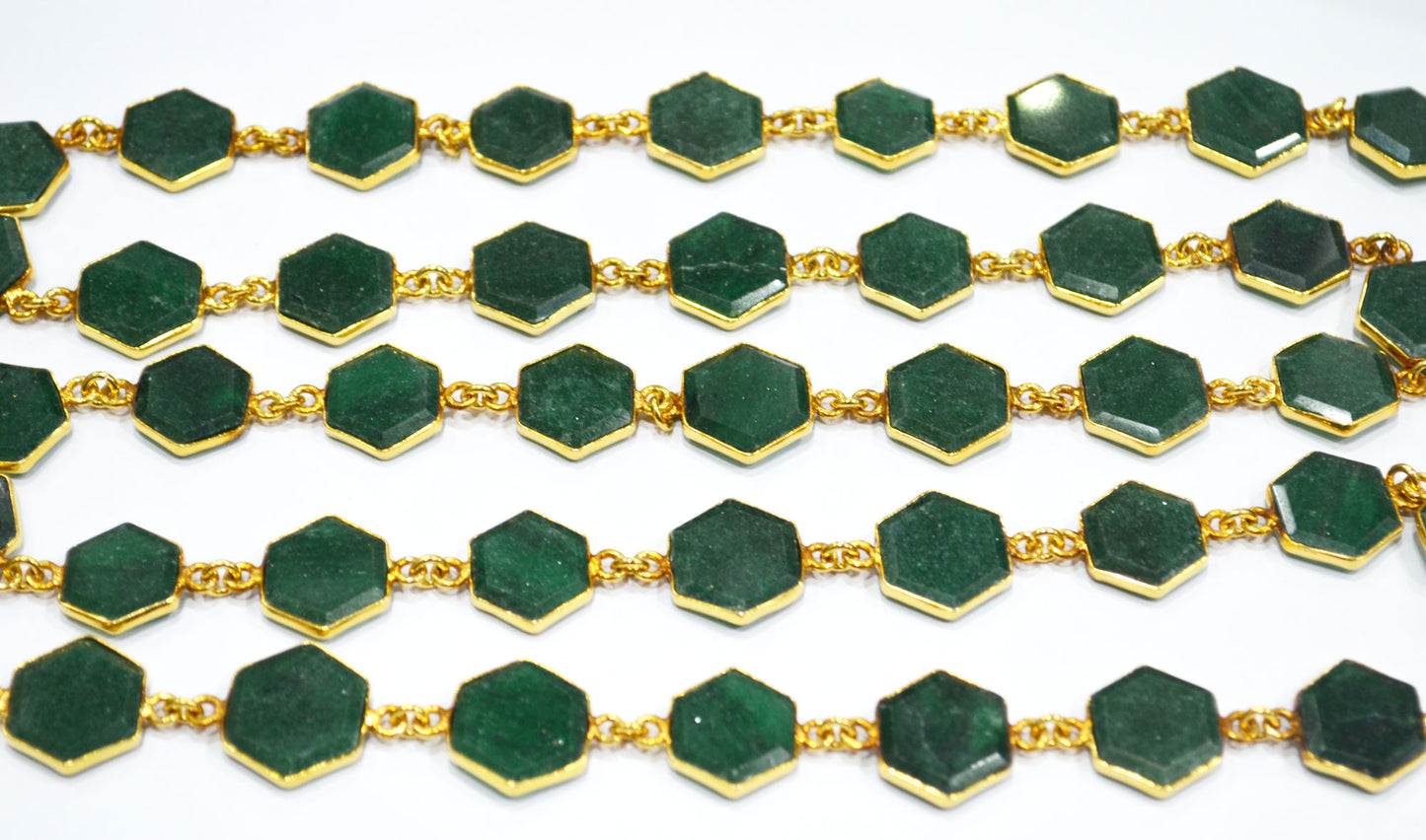 Green Aventurine Crown Cut Hexagon Shape Connector Chain , 12 - 14 mm , RB-6702