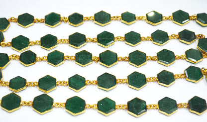 Green Aventurine Crown Cut Hexagon Shape Connector Chain , 12 - 14 mm , RB-6702