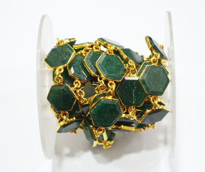 Green Aventurine Crown Cut Hexagon Shape Connector Chain , 12 - 14 mm , RB-6702