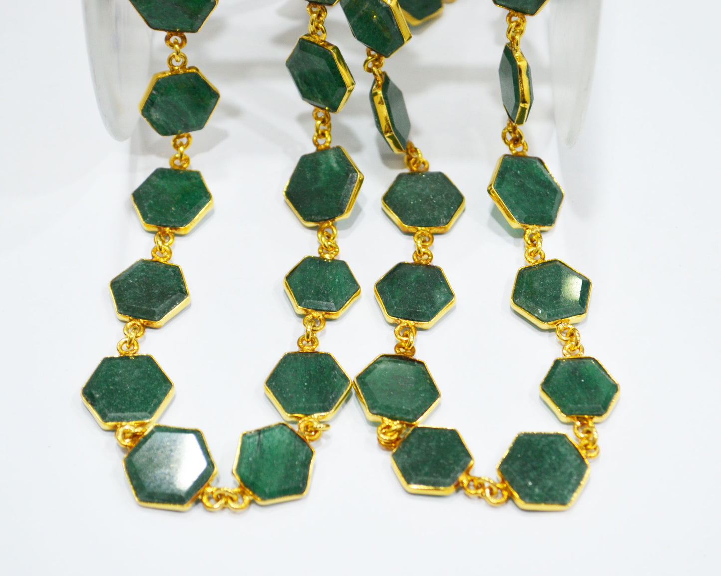 Green Aventurine Crown Cut Hexagon Shape Connector Chain , 12 - 14 mm , RB-6702