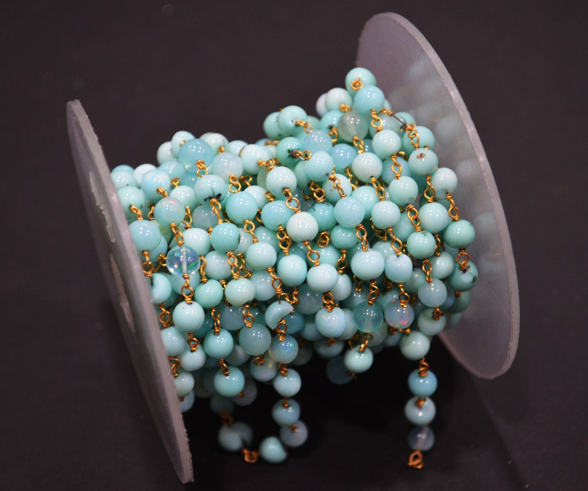 Aqua Ethiopian Opal Smooth Round Shape Rosary Beaded Chain , 5 - 6 mm , 6704