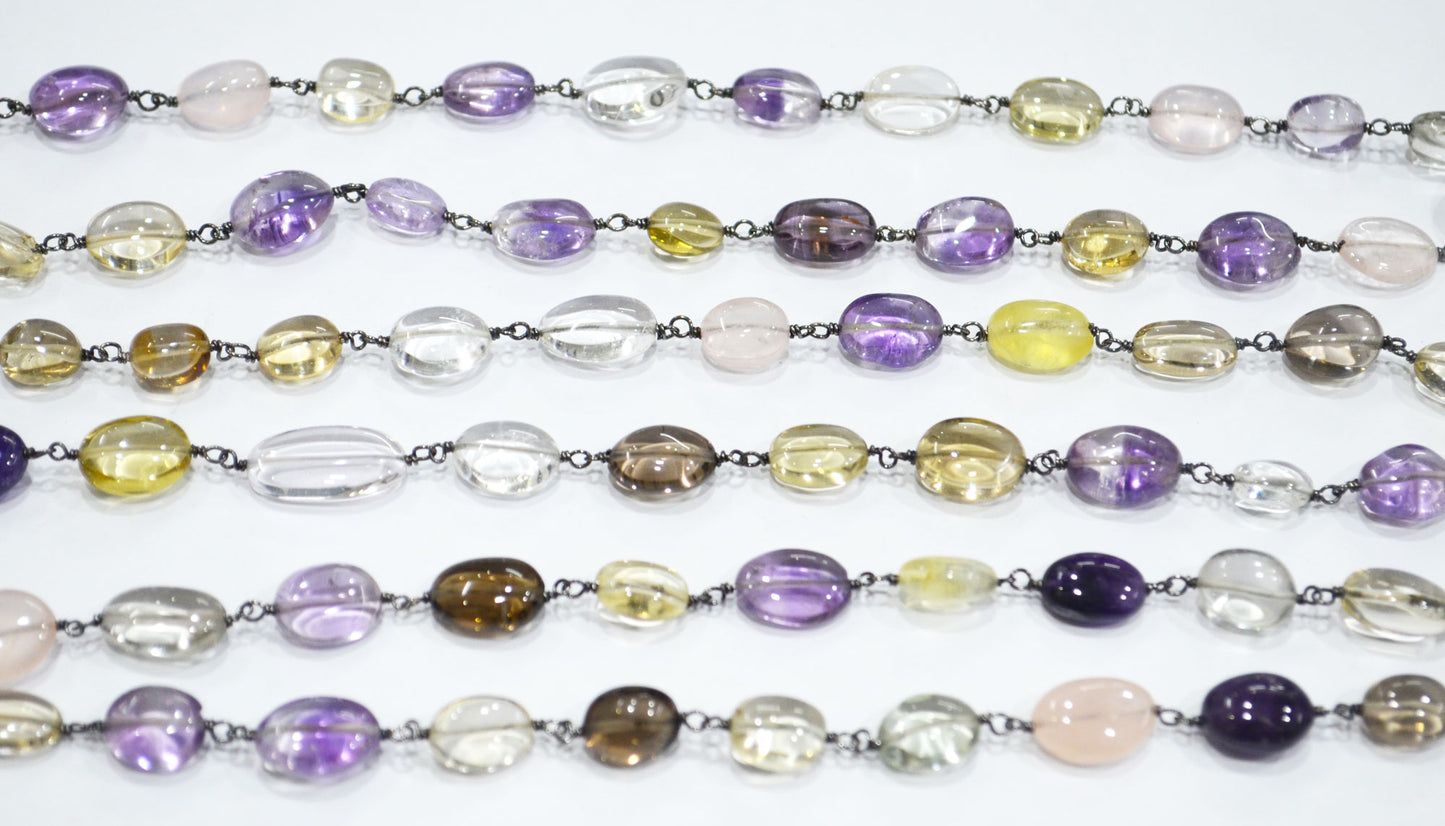 Multi Semi Precious Stone Smooth Oval Shape Rosary Beaded Chain , 6x8 - 8x11 mm , 6705